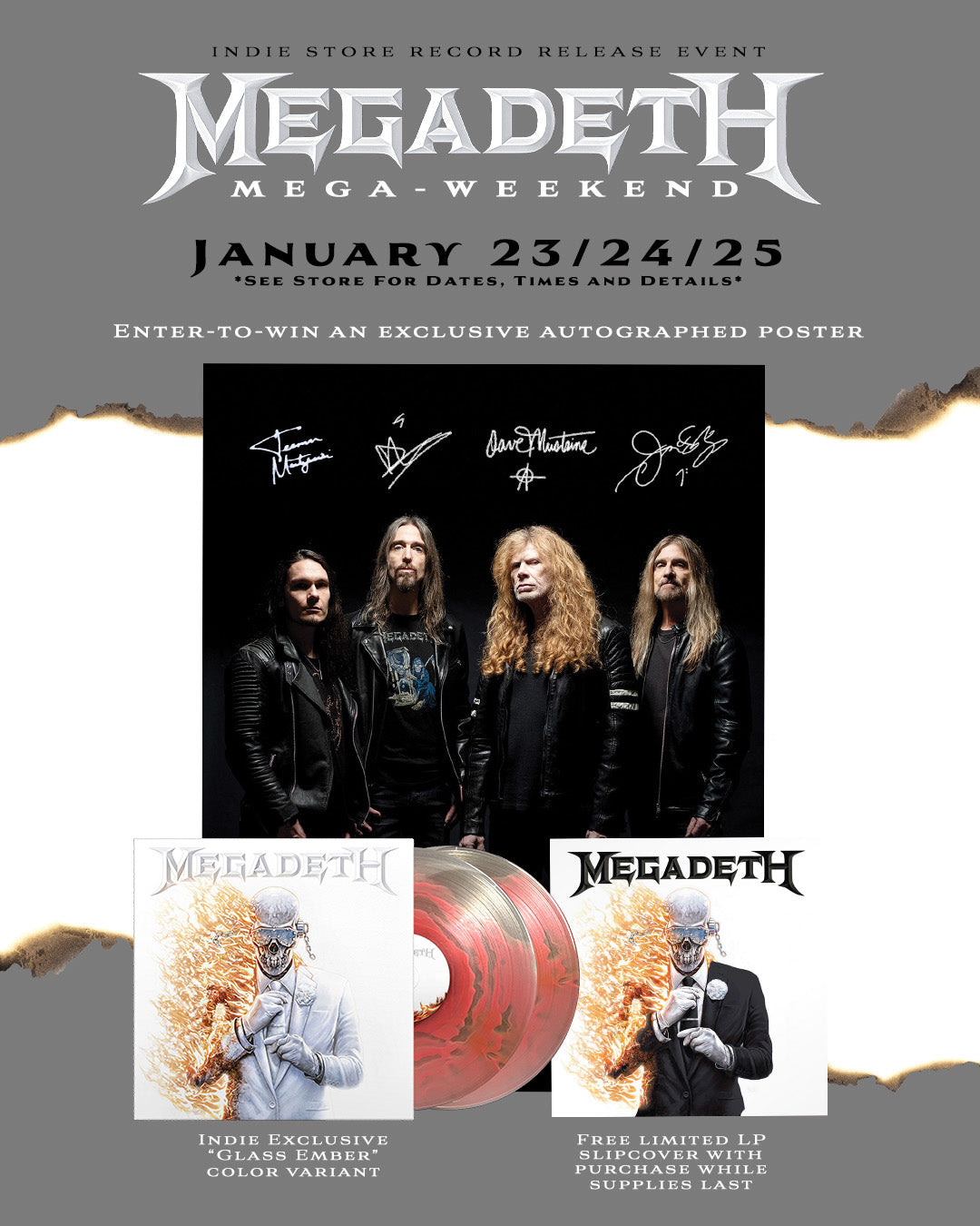 Megadeth band photo promoting MEGADETH Mega-Weekend listening event at The Vinyl Groove Records in Cleveland