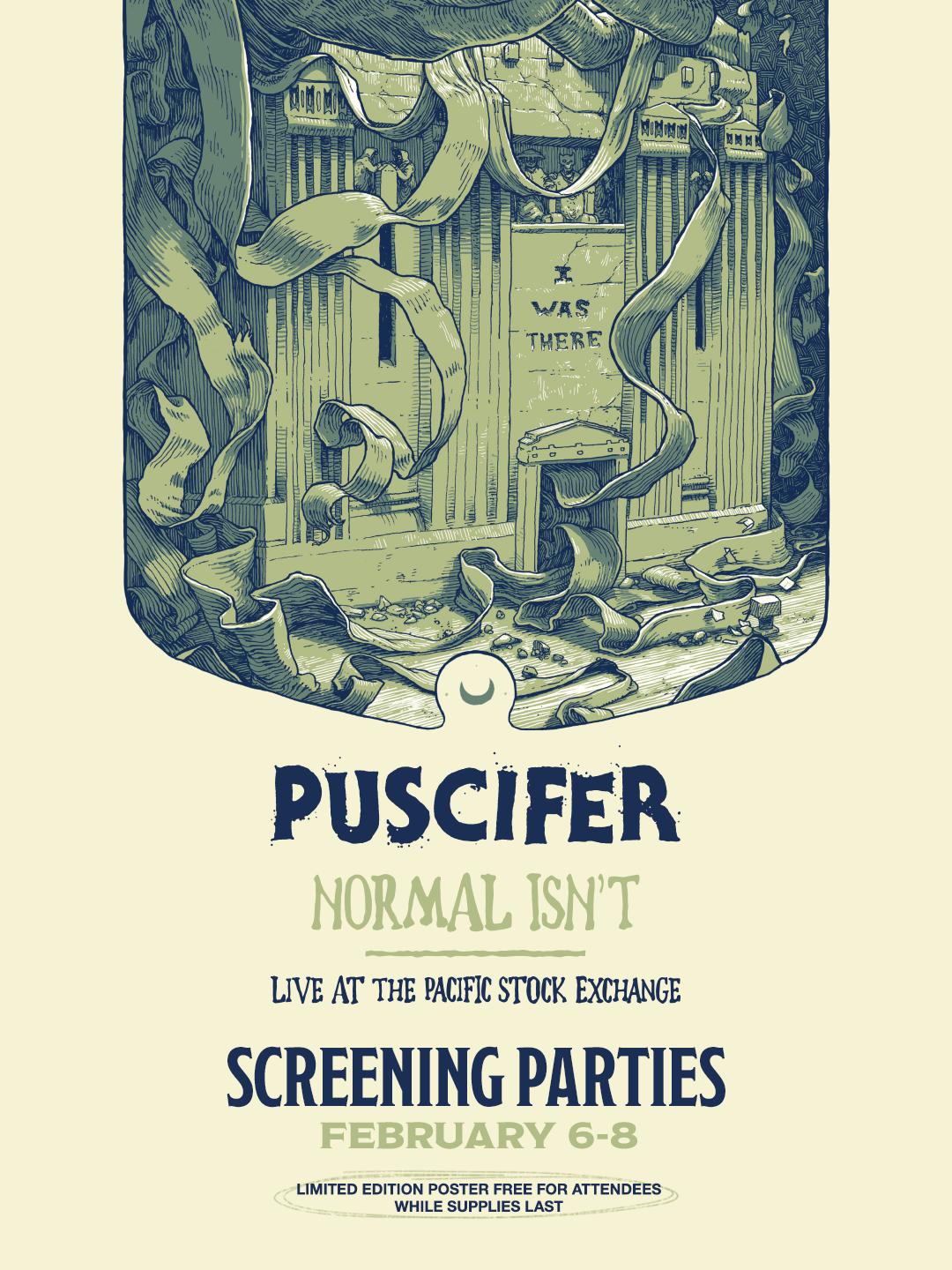 Puscifer Normal Isn't concert film screening poster featuring the band's logo and event details for February 7th at The Vinyl Groove Records