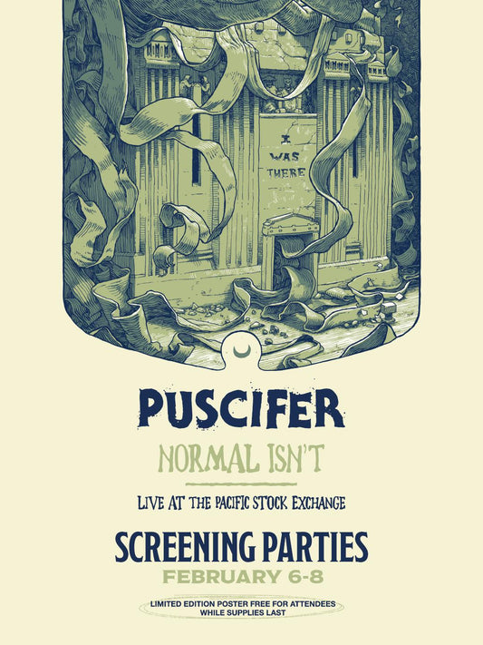 Puscifer Normal Isn't concert film screening poster featuring the band's logo and event details for February 7th at The Vinyl Groove Records