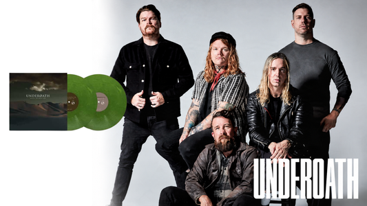 Underoath band photo beside the Define The Great Line album cover and two jade green vinyl records