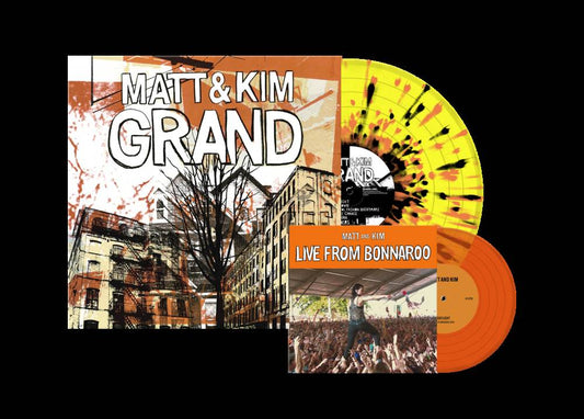 the album cover for Matt & Kim - Grand [RSD Essential Yellow w/Orange & Black Splatter LP+7in]