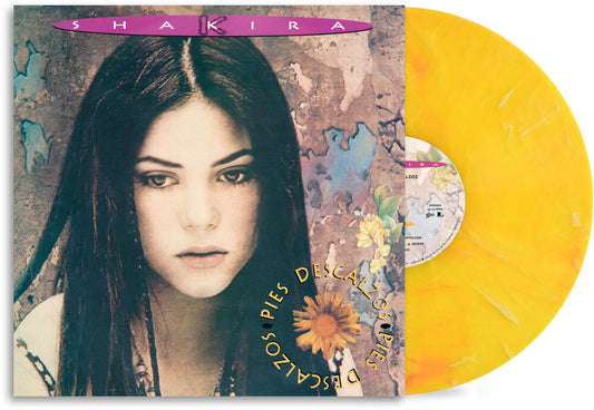 the album cover for Shakira - Pies Descalzos (30th Anniversary) [Yellow with Red Swirl Marble Colored Vinyl]